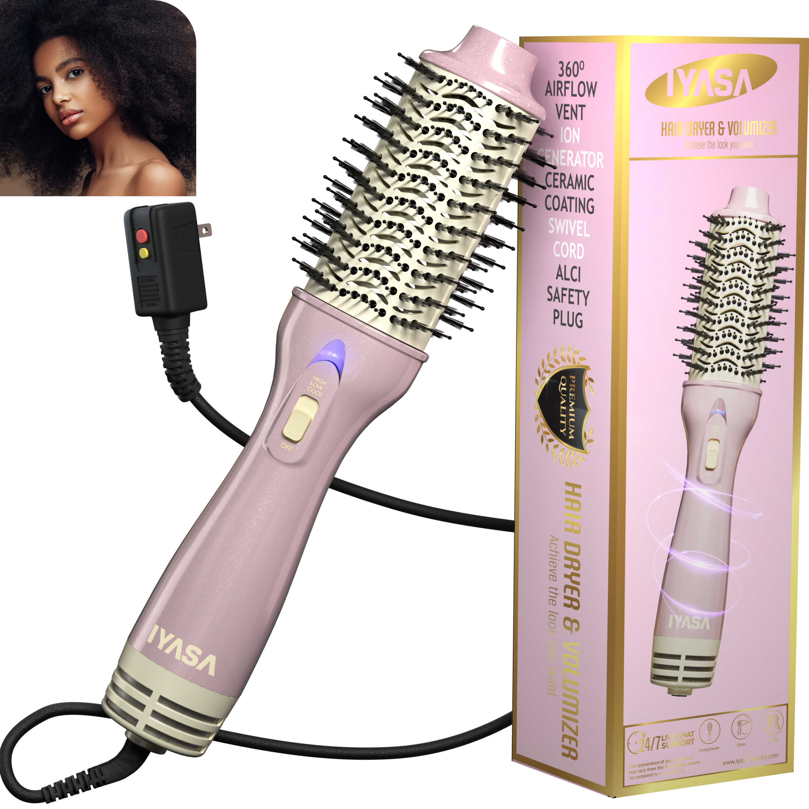 Blowout Hot Air Hair Dryer Brush - Pink & Gold